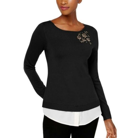 Charter Club Layered Brooch Sweater Sz 2X Embellished Black Preppy Chic Classic - Picture 1 of 7